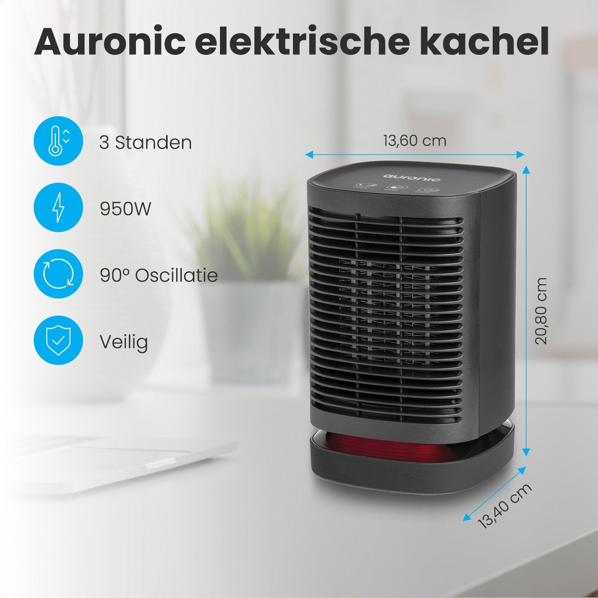 Auronic Elektrische Kachel - Ventilatorkachel - 3 Standen - 950W Heater - Keramische Kachel met LED Indicatie - Roterend - Zwart