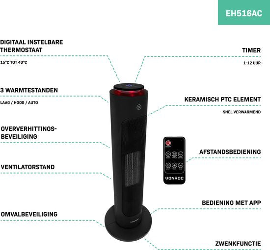 VONROC Luxe elektrische kachel - ventilatorkachel - 1300W/2000W - bediening zowel met App (via Wifi) als handmatig - torenmodel - keramisch - AUTO Modus - zwenkfunctie - thermostaat en timer - 20m2 - Incl. afstandsbediening