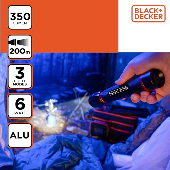 BLACK+DECKER LED Zaklamp 350 Lumen - 6W - 200M Bereik - 3 Lichtstanden: Hoog, Laag, Pulserend - Zwart/Oranje