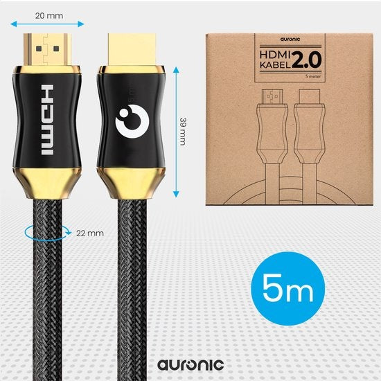 Auronic HDMI Kabel - 5M - 18Gbps - HDMI 2.0 - Hoge Snelheid en Resolutie - 4K (60 Hz) - Zwart