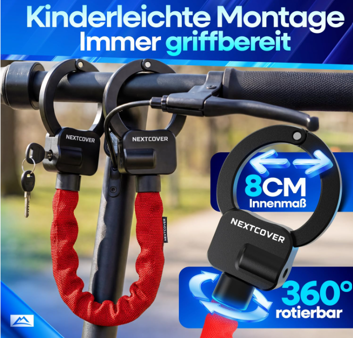 NEXTCOVER E-scooterslot Handboeienmodel - 90 cm - Rood - Gelegeerd Staal - 3 Sleutels