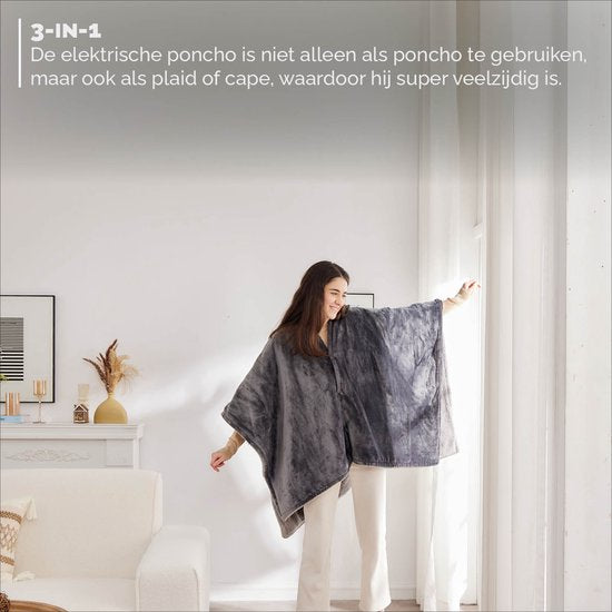 BREND BR-2220 Elektrische Deken en Poncho – Sherpa en Flanel Fleece Plaid – Warmte Cape - 160 x 130 cm - 9 Temperatuurinstellingen - Antraciet
