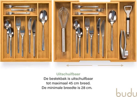 Budu Uitschuifbare Bamboe Bestekbak #33,5 (33,5 cm diep) - Bestekcassette Hout - Besteklade - 33,5 x 28 - 45 cm - 5/7 vakken
