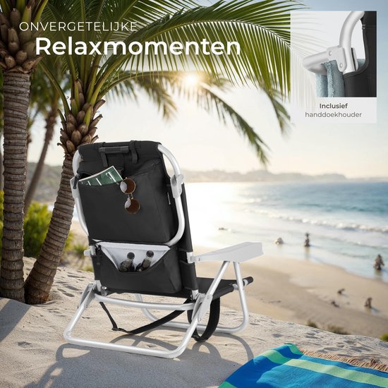 tectake® Strandstoel Coral - Opvouwbare Campingstoel met Koeltas en Opbergtas - 5-voudig Verstelbare Rugleuning met Hoofdkussen - Brede Armleuningen met Bekerhouder / Telefoonhouder - Inklapbare Kampeerstoel - Zwart