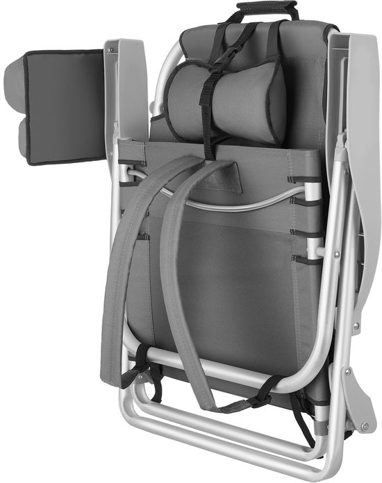 tectake® Strandstoel Coral - Opvouwbare Campingstoel met Koeltas en Opbergtas - 5-voudig Verstelbare Rugleuning met Hoofdkussen - Brede Armleuningen met Bekerhouder / Telefoonhouder - Inklapbare Kampeerstoel - Grijs