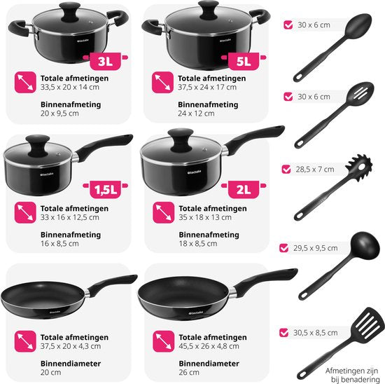 tectake® Pannenset 15-delig - Aluminium met glazen deksels - Inclusief keukengerei - Zwart