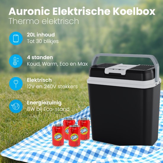 Auronic Koelbox Elektrisch 12V en 230 volt - Coolbox - Camping Koelkast - Auto - Koelen en Verwarmen - 20L - Frigobox - Zwart
