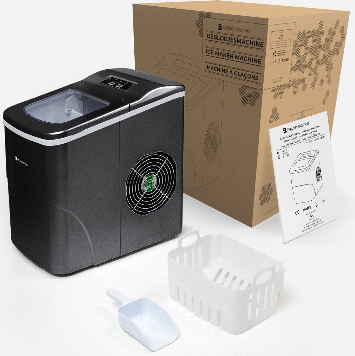 KitchenBrothers IJsblokjesmachine – Incl. IJsschep – 12 kg/24u, 2 liter – 22,2 x 31,3 x 32 cm – Zwart