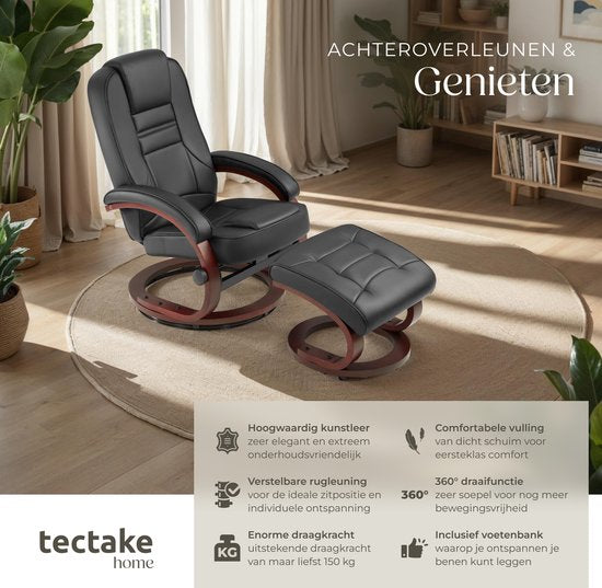 tectake® TV-Fauteuil met Kruk - Verstelbare Rugleuning - 360° Draaibare Relaxfauteuil - Houten Poten - TV-Fauteuil van Imitatieleer met Relaxfunctie - Zwart