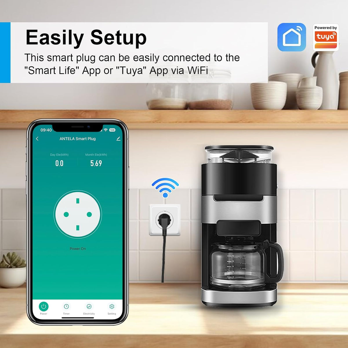 Antela Slimme Stopcontact met Energieverbruiksmeter 2 Stuks – WiFi en Spraakbesturing – Wit – Brandveilig ABS