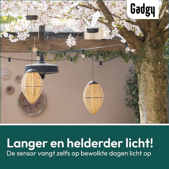 Gadgy Solar Hanglampen Buiten – Set van 2 – Rattan Look – LED Solar Tuinverlichting – Warm Licht – Spatwaterdicht – Zonne-energie – Hanglamp Tuin Decoratie