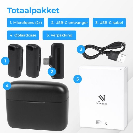 Nuvance - Draadloze Microfoon - 2 Stuks met Oplaadcase - Incl. Lighting Converter - Dasspeld Microfoon - Usb C - Lavelier Microfoon - Plug & Play