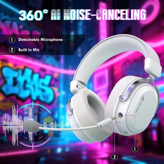 ATTACK SHARK L30PRO Draadloze Gaming Headset - 7.1 Surround Sound - 50mm Drivers - 20ms Lage Latency - Afneembare Microfoon met Ruisonderdrukking - Frame van Aluminiumlegering - Tri-Mode Connectiviteit - Over-Ear Headset - Wit