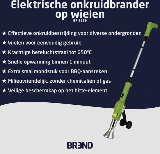 BREND BR-2229 Elektrische Onkruidbrander met Wielen – Onkruidbestrijder met Hitte tot 650 °C – Met Opzetstuk voor BBQ – Milieuvriendelijk – Groen
