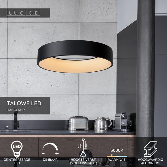 Lucide TALOWE LED - Hanglamp - Ø 60 cm - LED Dimbaar - 1x39W 3000K - Zwart