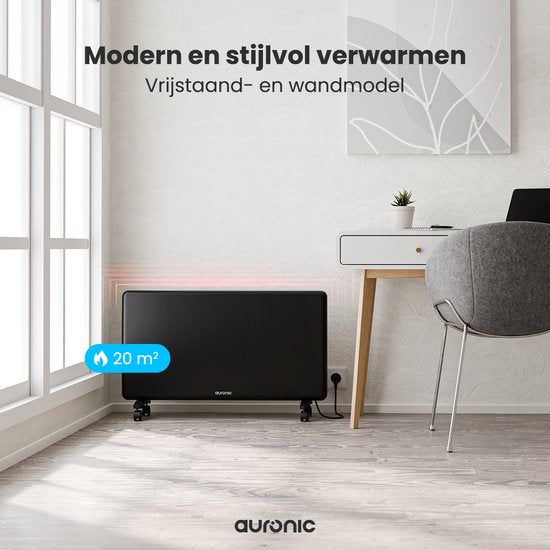 Auronic Convectorkachel - 2000W - Elektrische Kachel - 3 Standen - Metalen Paneelverwarming - Vrijstaand - Wielen - Zwart