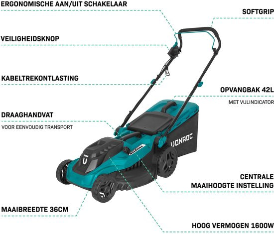 VONROC Grasmaaier - 1600W – 38 cm maaibreedte - Vijf instelbare maaihoogtes: 25/40/50/60/70 mm - Incl. 42L Opvangbak