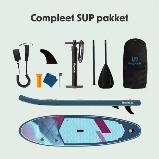 LifeGoods SUP Board Allround Compact - 100 KG Draagkracht - 300 x 76 cm - Opblaasbaar - Compleet SUP pakket - Blauw/Paars