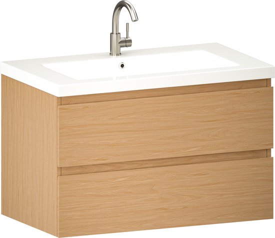 Mirlux Badkamermeubel Licht Eiken 80 cm - Wastafel Wit - Badmeubel set - Wastafelmeubel Licht Eiken
