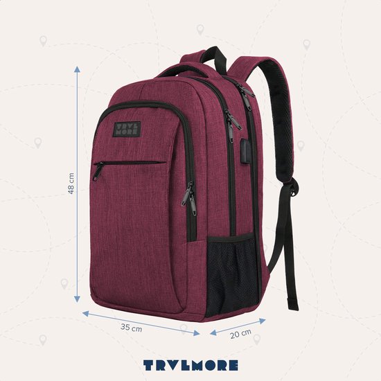 TRVLMORE Rugzak - Rugtas met 17,3 Inch Laptopvak - Schooltas - Spatwaterdicht - Heren en Dames - Jongens en Meisjes - 36L - Burgundy