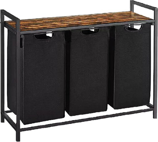 BRASQ Wasmand 3 vakken - Wassorteerder 114 Liter - Uitschuifbaar met Plank 92,5x33x71 cm - Wasbox Zwart Metaal - Bruin hout - Basket