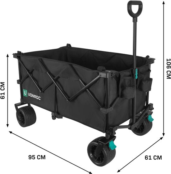 VONROC Bolderkar XL – Opvouwbaar - 80 kg draagvermogen – 200l inhoud - Extra ruim model - Massieve anti-lek wielen - Stevig stalen frame – Polyester 600D - Zwart