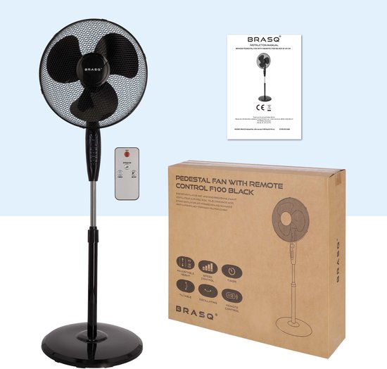 BRASQ Statiefventilator – 40 cm – Zwart – Met Afstandsbediening - Timer - Slaapmodus - In hoogte verstelbaar – Stille Ventilator - 40 Watt