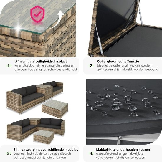 Tectake - Wicker Loungeset Siena (4 Personen) - Modulair, Opbergbox, Extra Dikke Kussens, UV- & Weerbestendig, Stalen Frame - Natuur/Donkergrijs