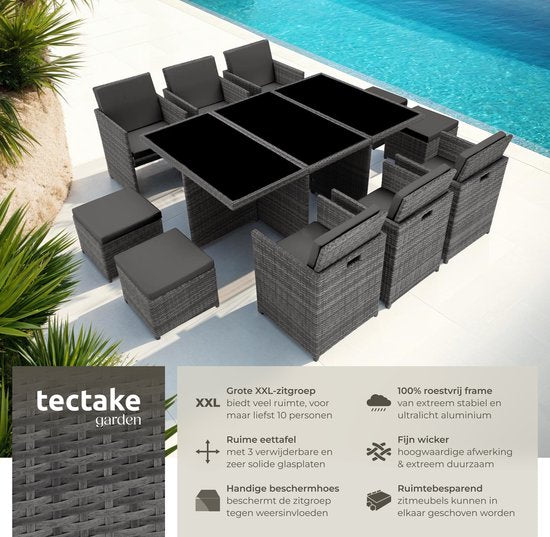 tectake® Loungemeubelset - Wicker tuinset - 6 stoelen, 4 krukken en 1 tafel - Tuinmeubelen voor balkon, tuin en terras - Inclusief beschermhoes en kussens - Met 2 kleuren hoezensets - Gemakkelijk te onderhouden - Glazen tafelblad - Grijs