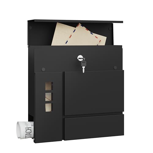 Woltu Brievenbus voor Buiten met 3 Transparante Ramen en Slot - Zwart - 37 x 10,5 x 37 cm