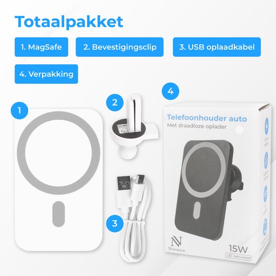 Nuvance - Telefoonhouders Auto - Geschikt voor MagSafe iPhone 12/13/14/15 - Telefoonhouder met Draadloze Oplader - Wit