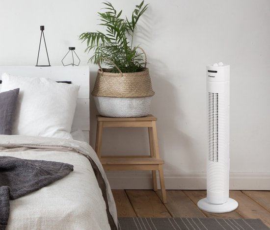 Bestron Torenventilator, Ventilator met 3 snelheidsstanden & 75° graden draaifunctie, incl. Timer, hoogte: 78 cm, 35W, AFT760W, kleur: wit