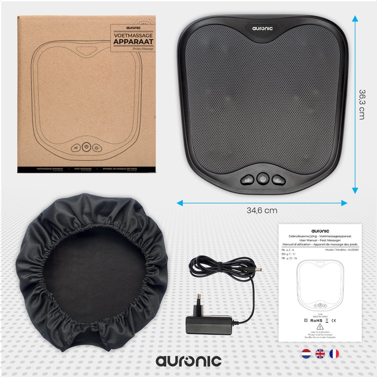 Auronic Voetmassage Apparaat – Warmtefunctie – 36,3 x 34,6 x 9 cm – Zwart
