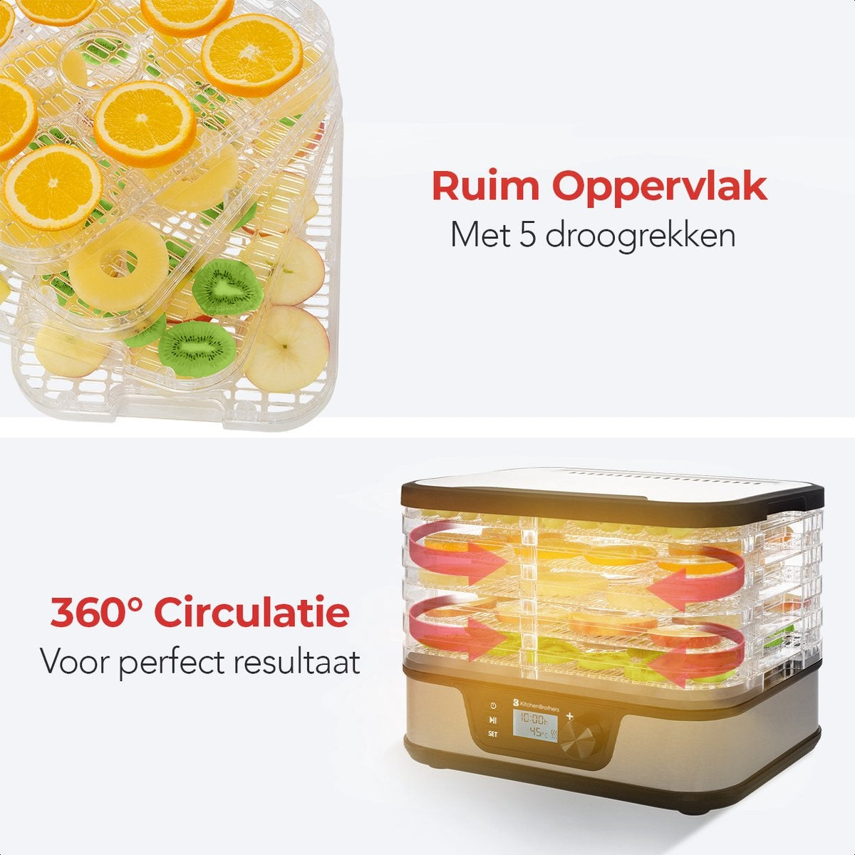 KitchenBrothers Voedseldroger - Elektrisch 380W - 5 Laags - 9 Hitte-niveaus - 35°C tot 75°C - LCD Display - Timer - RVS/Zwart