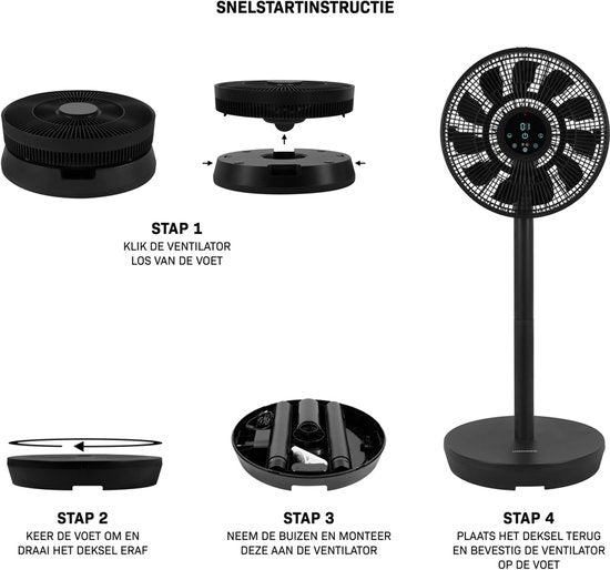 VONROC BREEZE Draadloze Ventilator – Fluisterstil (<44 dB) – 24 snelheden – lichtgewicht en draagbaar - 3 windmodi: Natuurlijk, Slaap, Normaal – Modulair: tafelventilator én vloerventilator – Luxe touchdisplay – Incl. afstandsbediening – Zwart