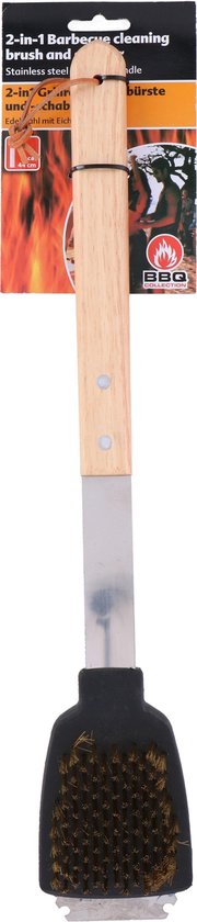 BBQ Collection Bbq-borstel en Barbecueschraper - 2-in-1 Functie - 44 cm - Eikenhouten Steel/ RVS