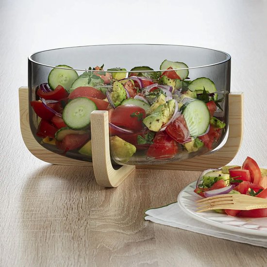 Secret de Gourmet Slakom/voedsel serveer schaal- Glas/hout - D24 cm - Serveerschaal - fruitschaal
