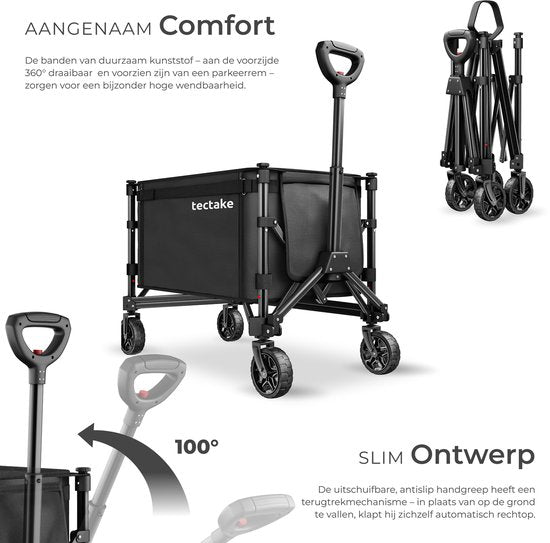 tectake® Bolderkar - Opvouwbaar - 60 kg Draagkracht - Draaibare Massieve wielen - 47 x 83 x 90 cm - Bolderkarren - Bolderwagen - Met Verstelbare Duwstang - Handkar - Waterafstotende Transportwagen - Met Legplank en Binnenvak