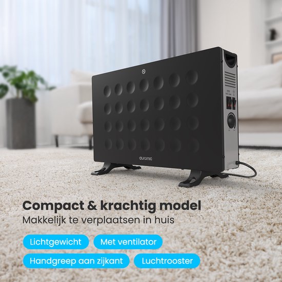 Auronic Convectorkachel - 2000W - Ingebouwde Ventilator - Elektrische Kachel - Met Thermostaat - Heater - Zwart