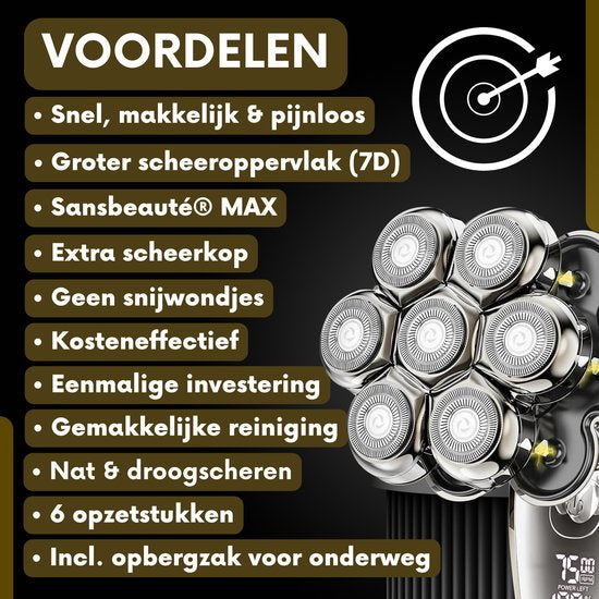 6-in-1 Scheerapparaat Mannen + Extra Scheerkop – Trimmer - Tondeuse - Sansbeauté® SkullSharp MAX - Electric Face & Head Shaver - Shave - Hoofd Kaal Scheren – Nat & Droog - Elektrisch