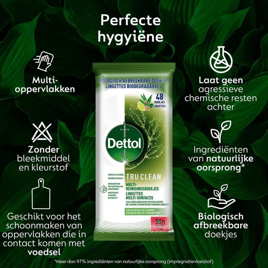 Dettol Tru Clean - Multi-reinigingsdoekjes - Eucalyptus & Limoen - Biologisch Afbreekbaar - 48 stuks per verpakking