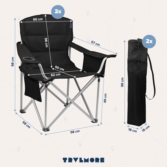 TRVLMORE Campingstoelen - Opvouwbaar - 2 Stuks - XL - Vouwstoelen - 150 kg draagvermogen - Drankhouder - Koelvak - Zijvak - Klapstoel - Zwart