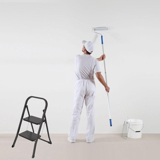 BRASQ Huishoudtrap 2-treden zwart - keukentrap inklapbaar metaal voor particulier en professioneel gebruik - Trapladder - Antislip