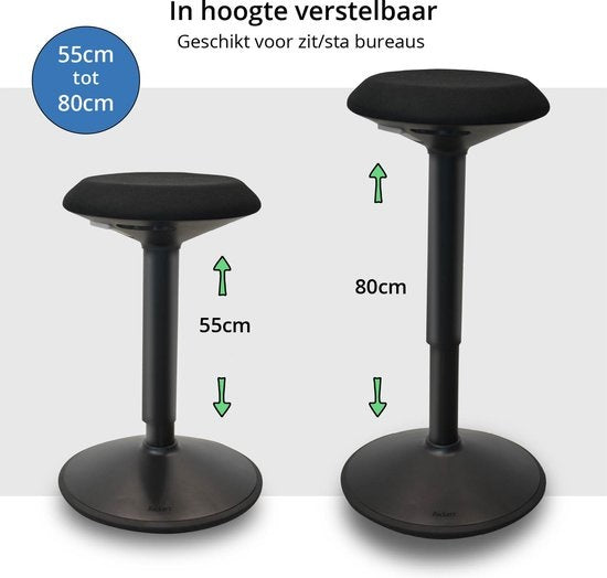 Bckz Wiebelkruk Zwart | Hoogte 55-80cm | Balanskruk | Zit-sta kruk | Ergonomische bureaustoel | zadelkruk