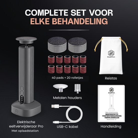 Beeperfect® Elektrische Eeltverwijderaar Pro - Voetvijl - Eeltvijl - Draadloos - Oplaadbaar - Met oplaadstation - 60 Schuurvellen - Zwart