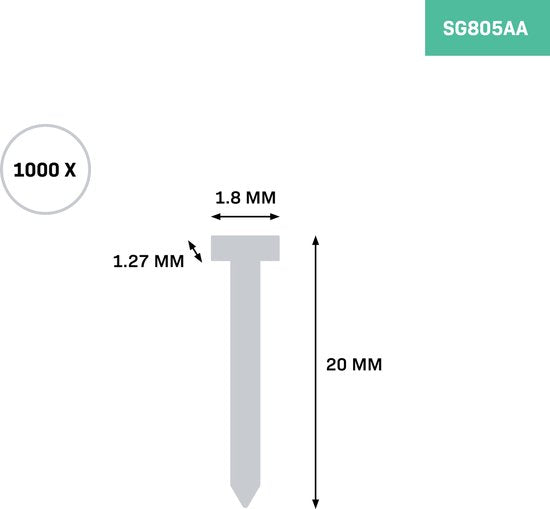 VONROC Spijkers – 1000 stuks – 20mm – Geschikt voor elektrische tacker/spijkerpistool – Universeel – Geschikt voor VONROC SG503DC