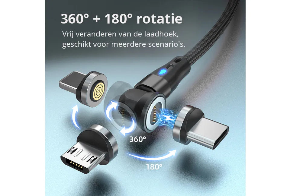 Vlectro Magnetische Oplaadkabel – 540° Roterende Connector – 100 cm – USB-C / iPhone / Micro-USB – LED Indicator – Duurzaam & Universeel