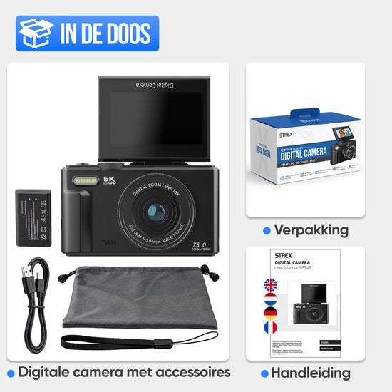 Strex Digitale Camera 5K 75MP - Fototoestel - Compactcamera met Wifi - Vlog Camera - Fotocamera voor Kinderen - 18x Zoom - Draaibaar Scherm - Zwart