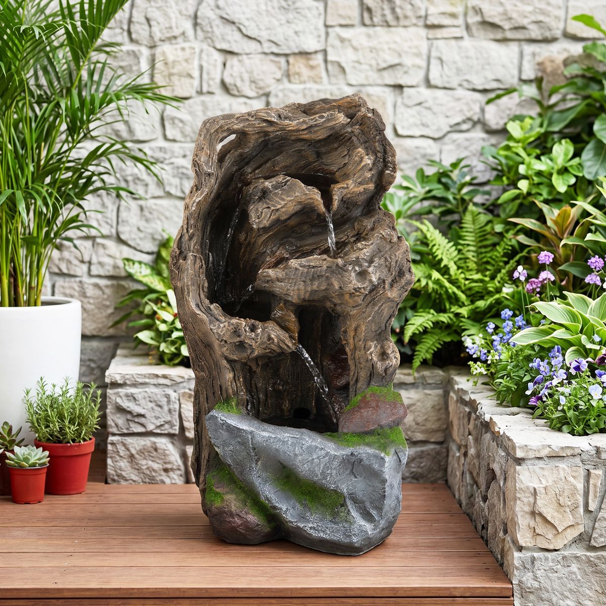 Coast Tuinfontein met 4 niveaus - LED-verlichting - Weerbestendig - Bruin, 26 x 28 x 53 cm