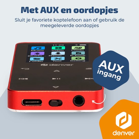 Denver MP3/MP4 Speler - Bluetooth - Shuffle/Herhalen - SD kaart tot 128GB - Incl. oordopjes - Dictafoon - MP1830R - Rood